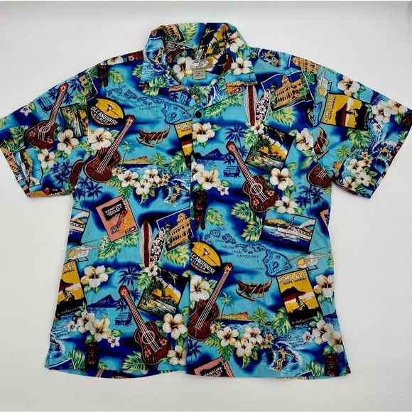 High Surf Mens Hawaiian Shirt Size 2XL Ukulele Surfboards Floral Palm Tree Blue - Picture 2 of 14